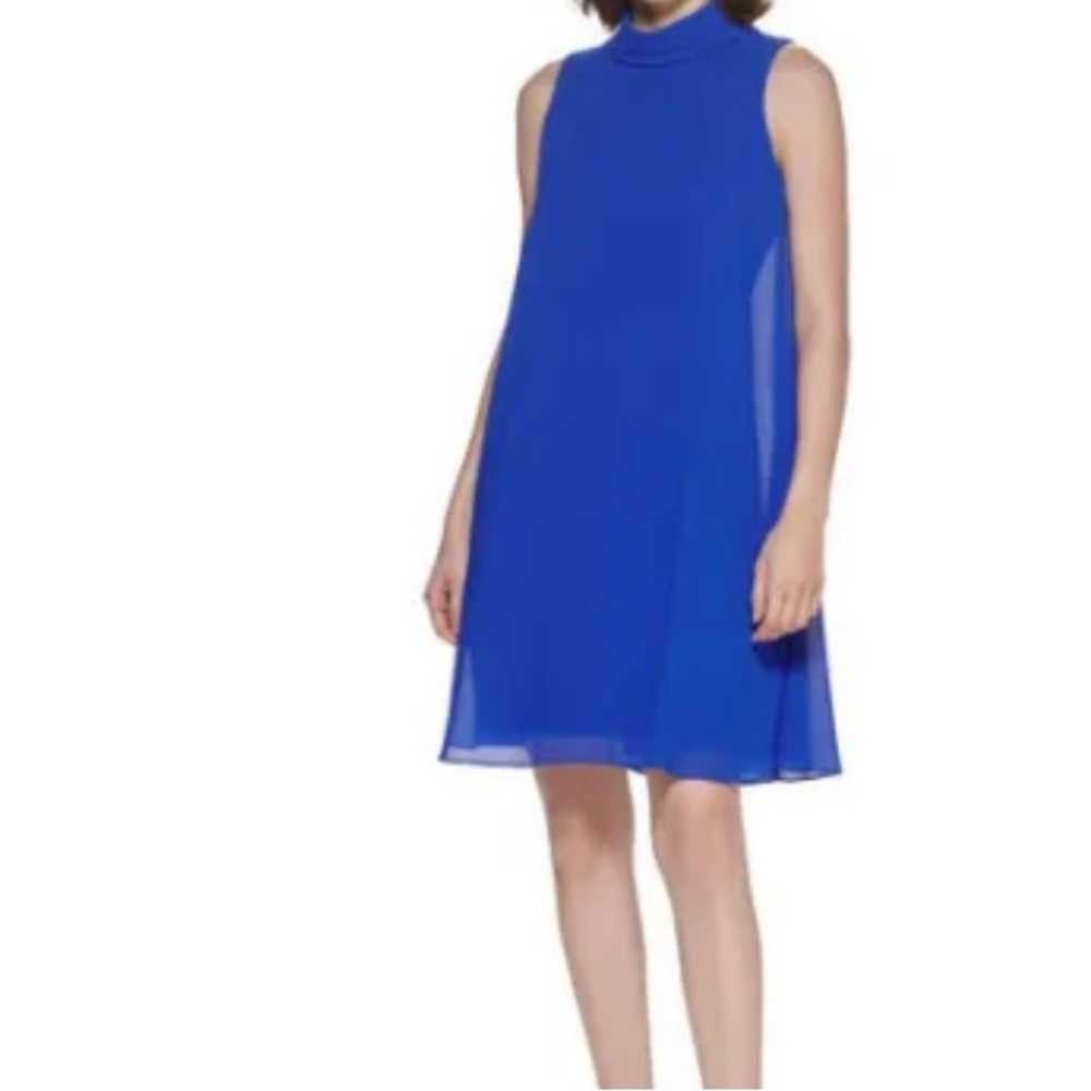 Vince Camuto Woman Mock Neck Float Mini Dress Size:12 blue